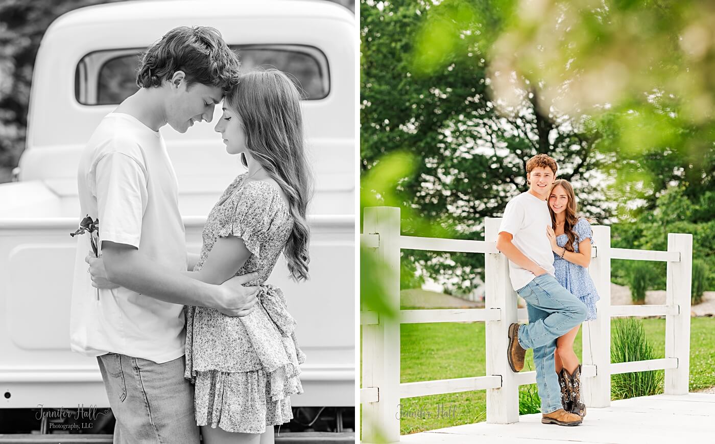 Boy and a girl near a truck and a bridge for a couple’s picture session.