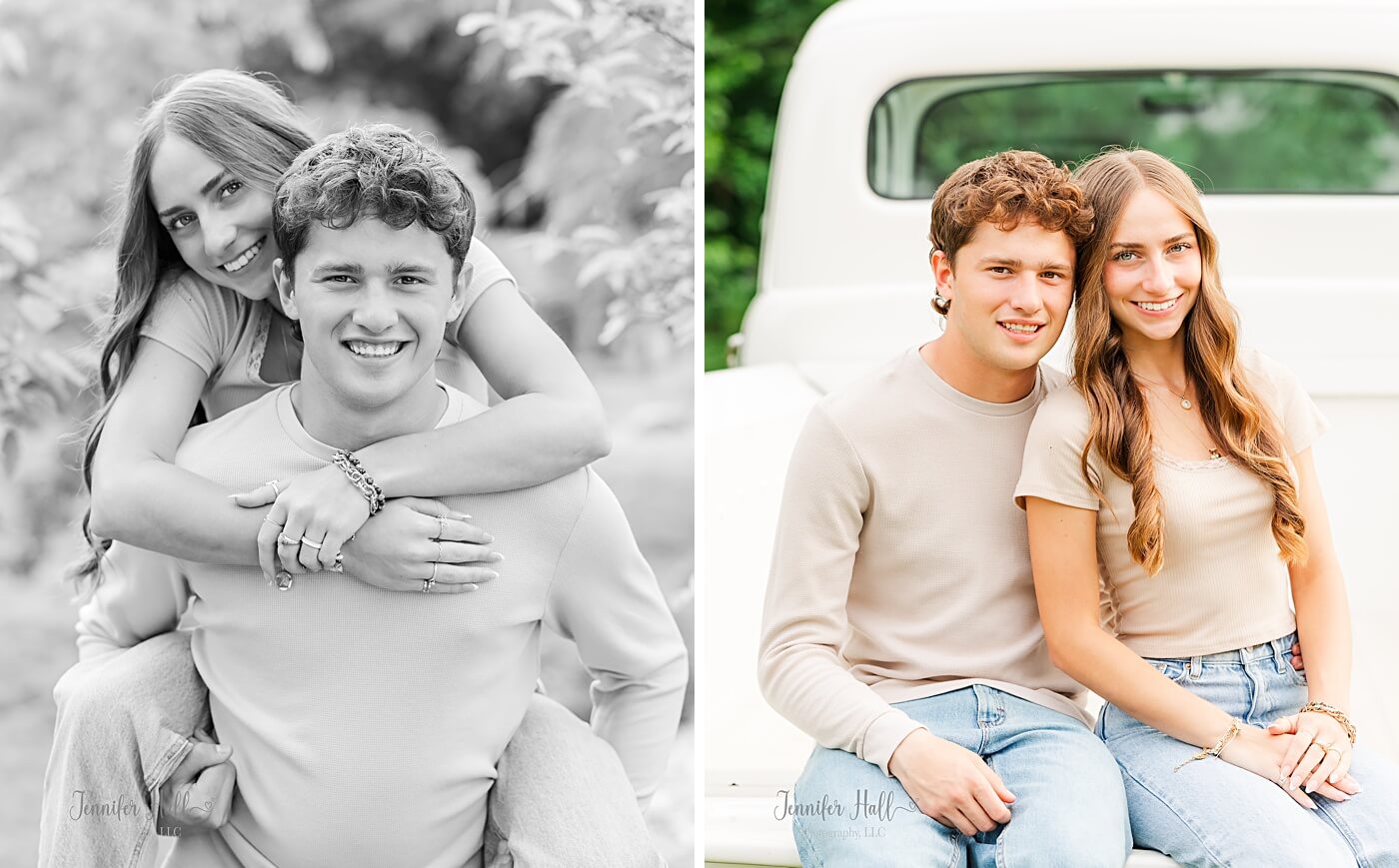 Boy holding a girl, and the couple sitting in a truck at a picture location.