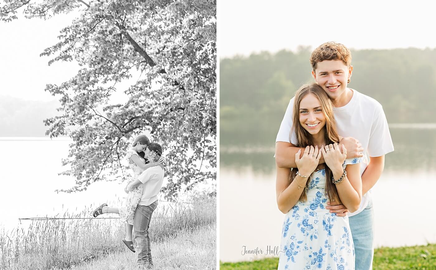 Boy lifting a girl, and the couple standing together for a couple’s photo session.