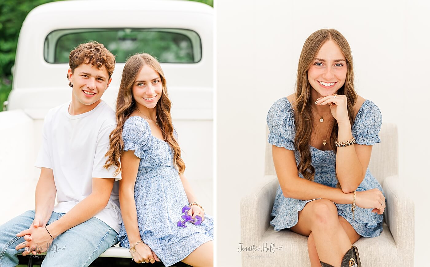 Couple sitting together in a truck, and the girl sitting indoors for couple’s pictures.