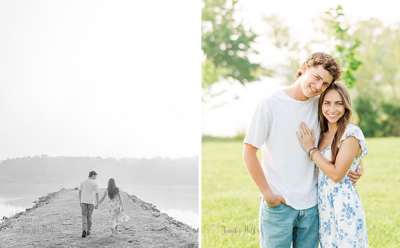 Couple walking on a reservoir pier and standing in a grassy field.