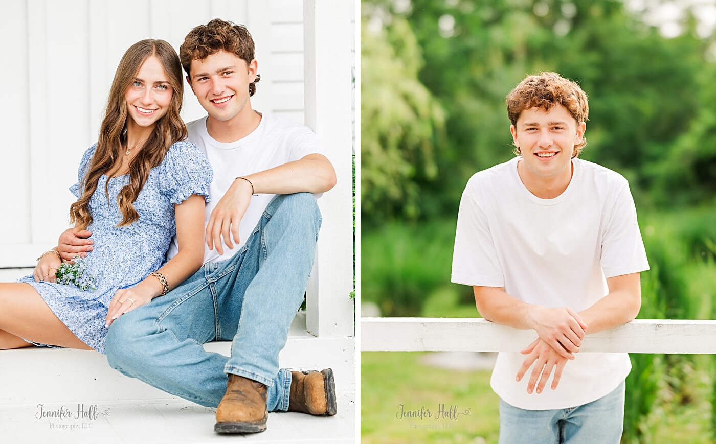 Couple sitting at the outside grand entrance, and the boy standing by a fence.