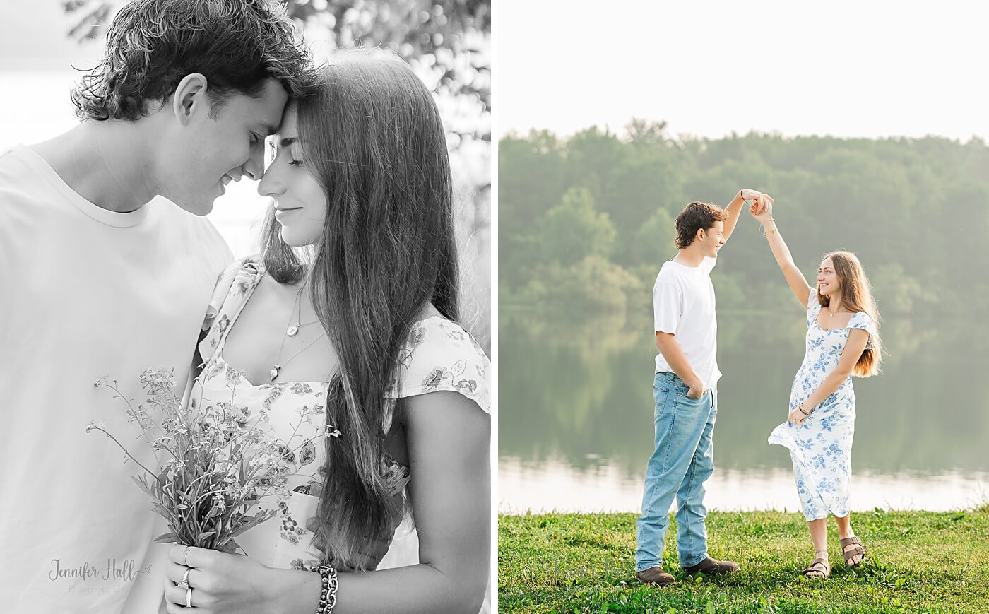 Couple standing close, and the boy twirling the girl for a couple’s photo session.