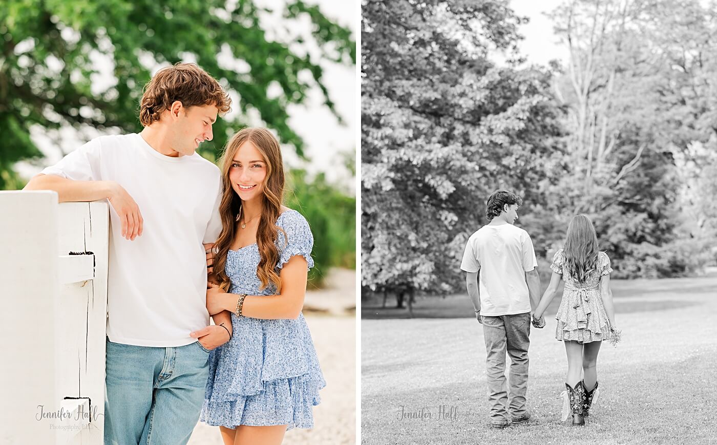 Couple standing near a bridge and walking in the grass for a couple’s picture session.