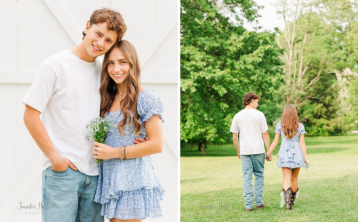 Couple standing together by barn doors and walking in the grass for timeless couple’s pictures.