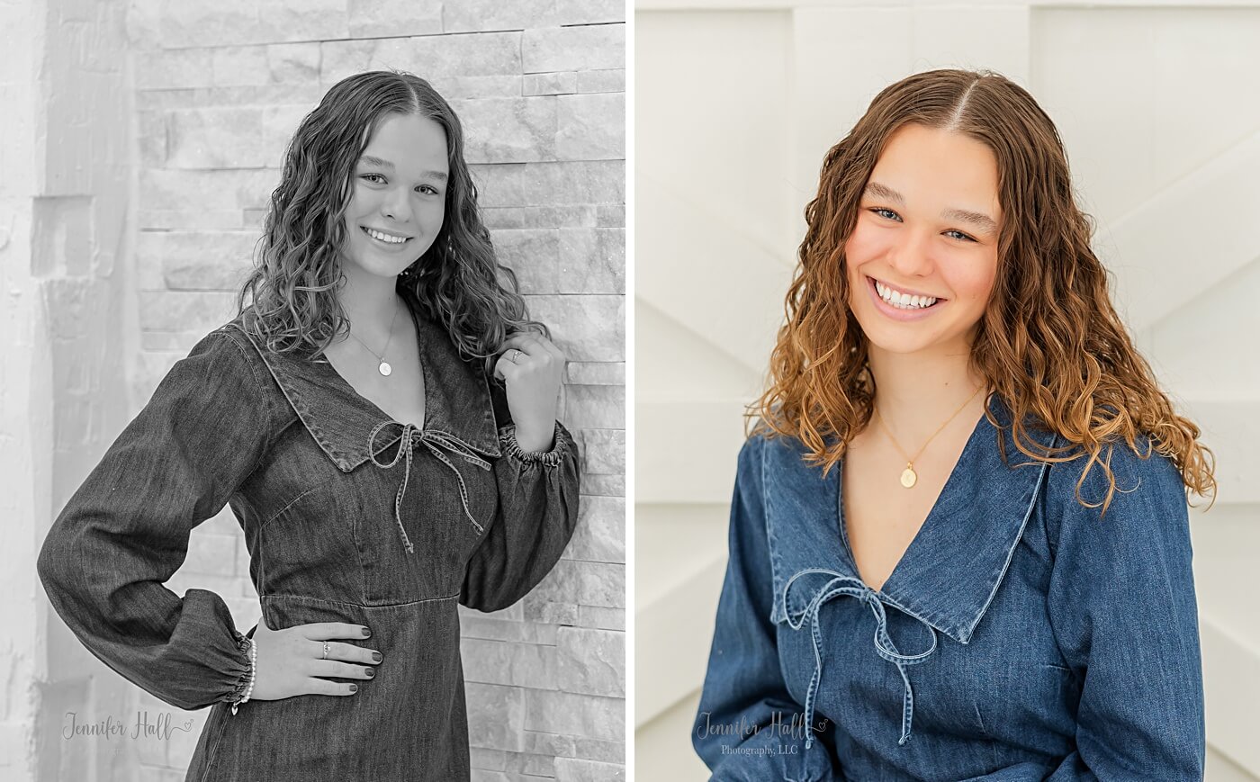 Girl standing by a wall and sitting by a fireplace in an indoor photo studio.