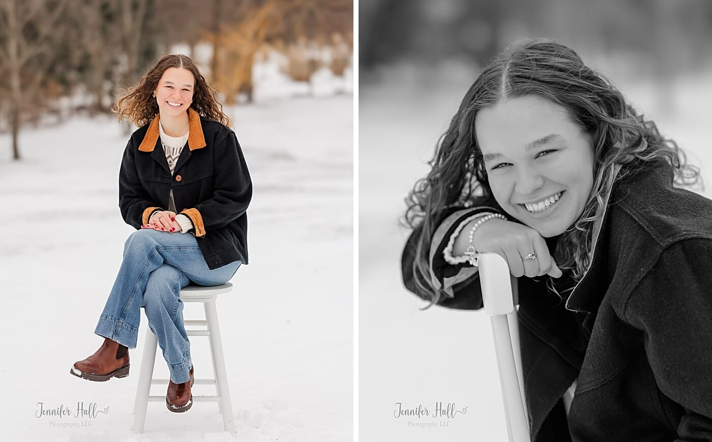 Girl sitting on a stool and chair outdoors for winter senior photos near Erie, PA.
