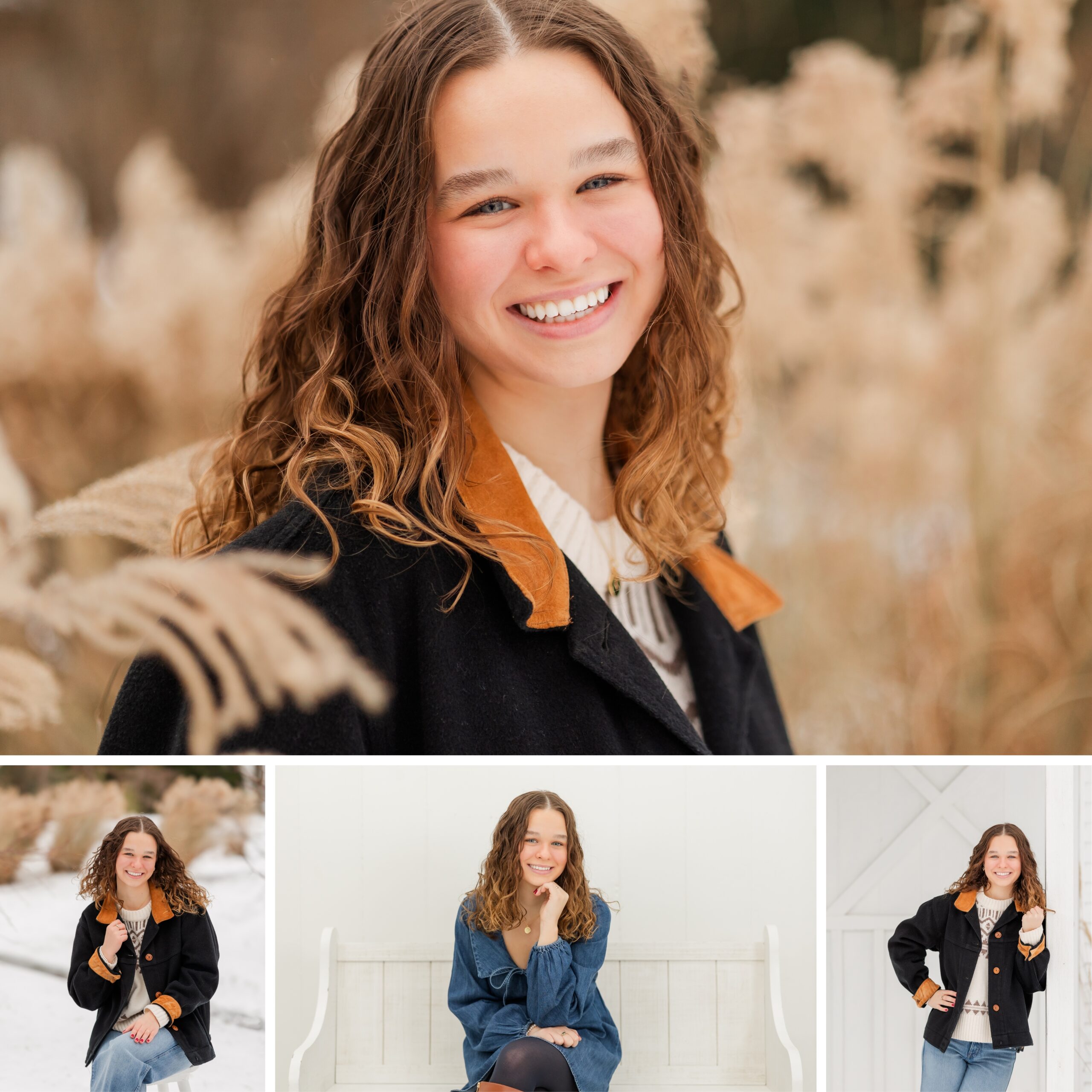 Girl sitting or standing and smiling for winter senior photos near Erie, PA.