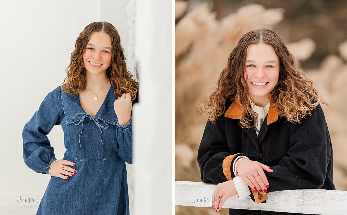 Senior girl standing by a wall indoors and standing by a fence outdoors during winter.