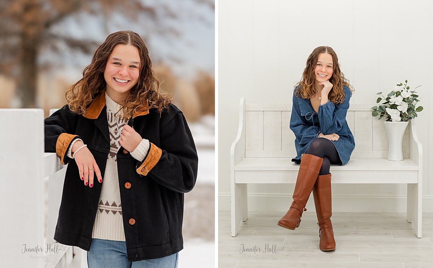 Senior Girl standing on a white bridge and sitting on a white wooden bench.