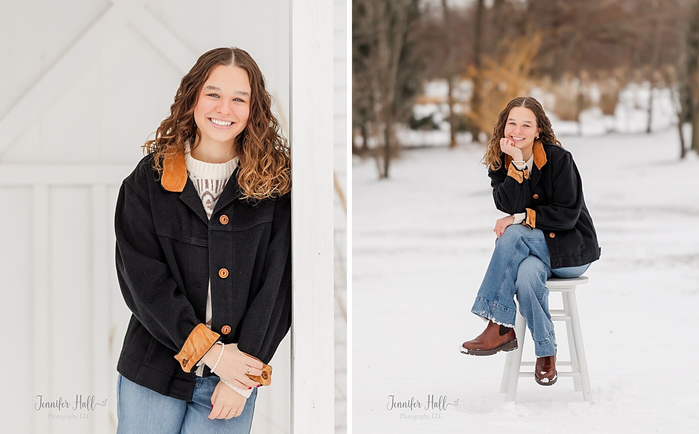 Senior girl standing at the grand entrance and sitting on a stool outdoors during winter.
