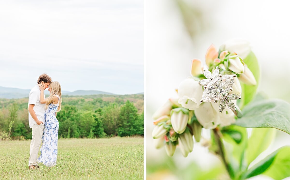 Man and a woman standing together by mountains, and an engagement ring on blueberry blossoms.