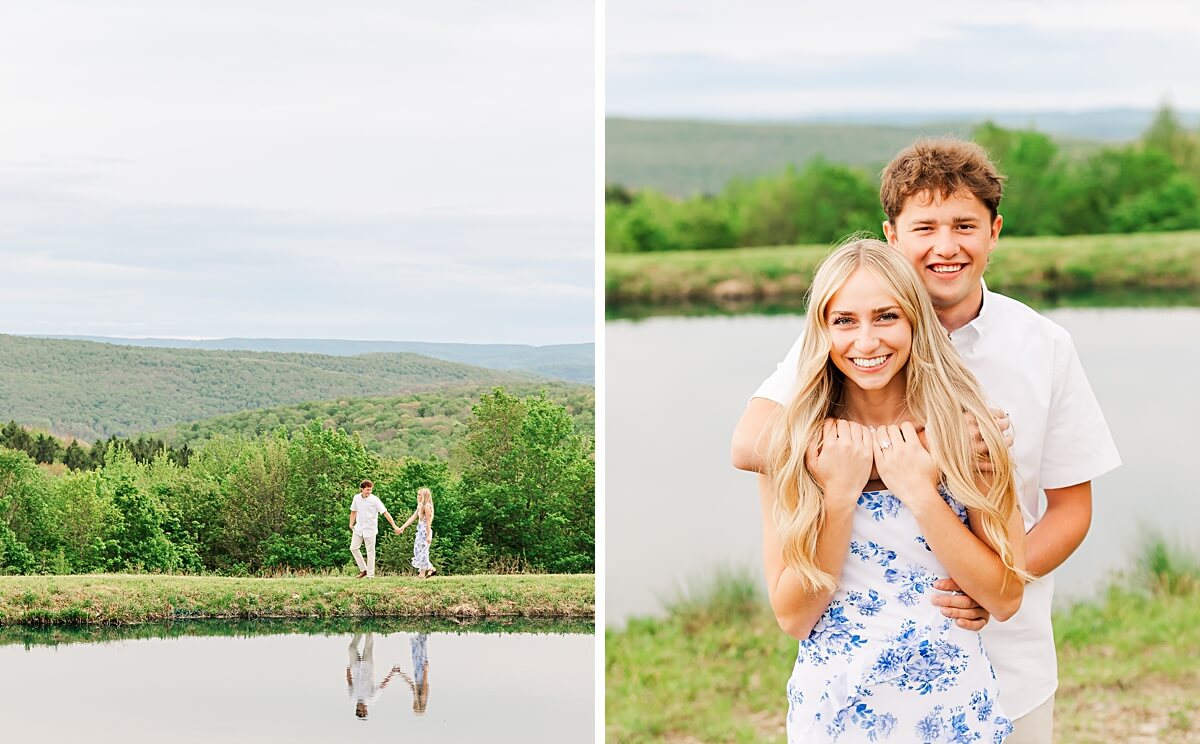 Couple walking together and hugging by a pond for engagement photos in Hinsdale, New York.