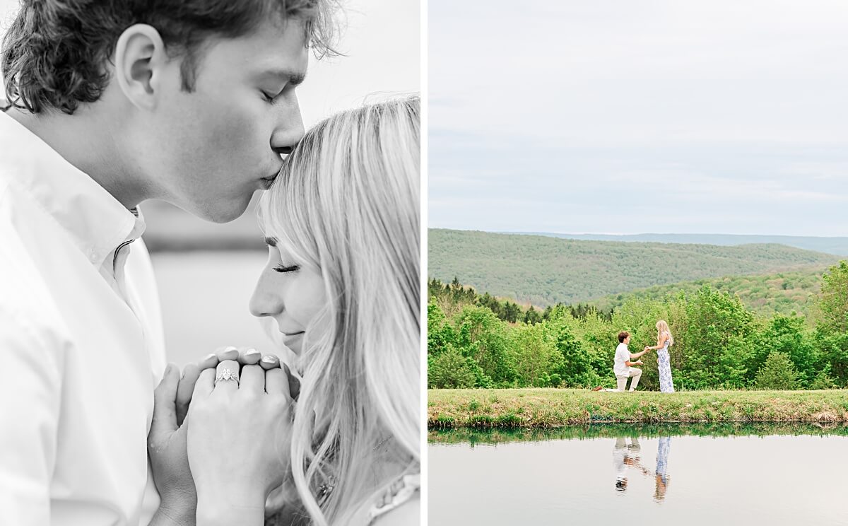 Man kissing a woman on her head, and the man proposing by a pond.